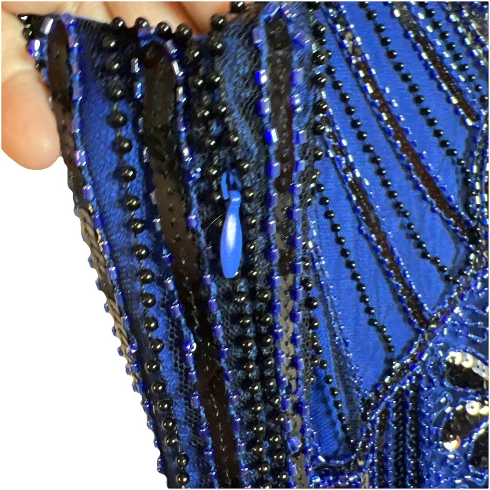 1920s Flapper Style Dress Small Blue Black Beaded Sequins Fringed Gatsby Sparkly - Picture 9 of 9